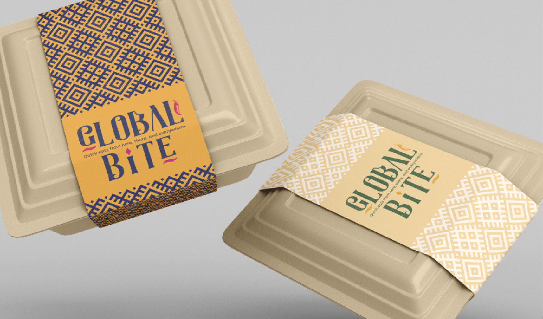 Global Bite take-away food package with paper sleeve with logo and brand pattern