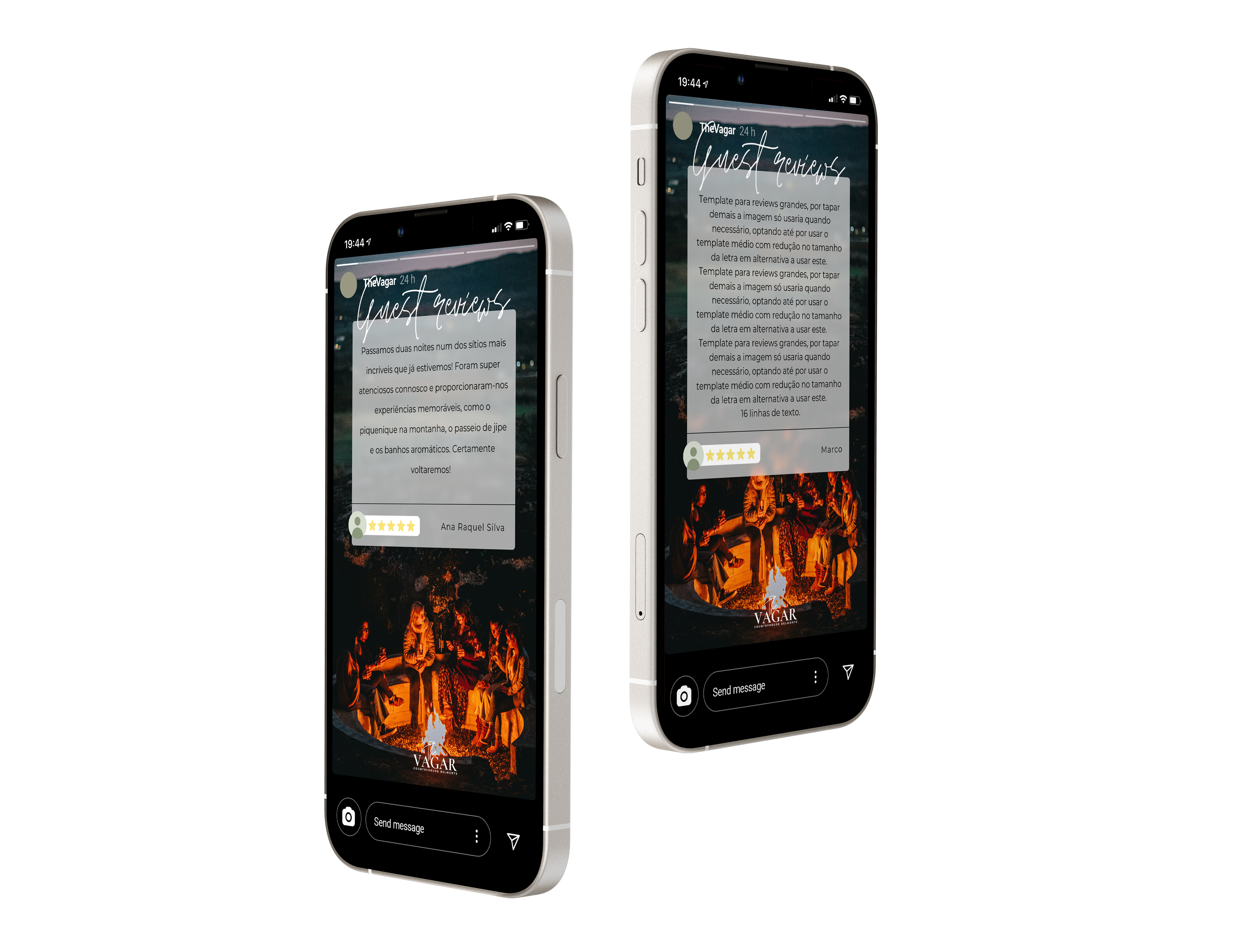 Mockup of two IPhones floating with TheVagar's Instagram story template designed by Alexandra Borges